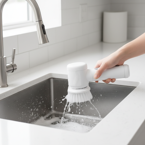 Electric Cleaning Brush in use scrubbing a kitchen sink