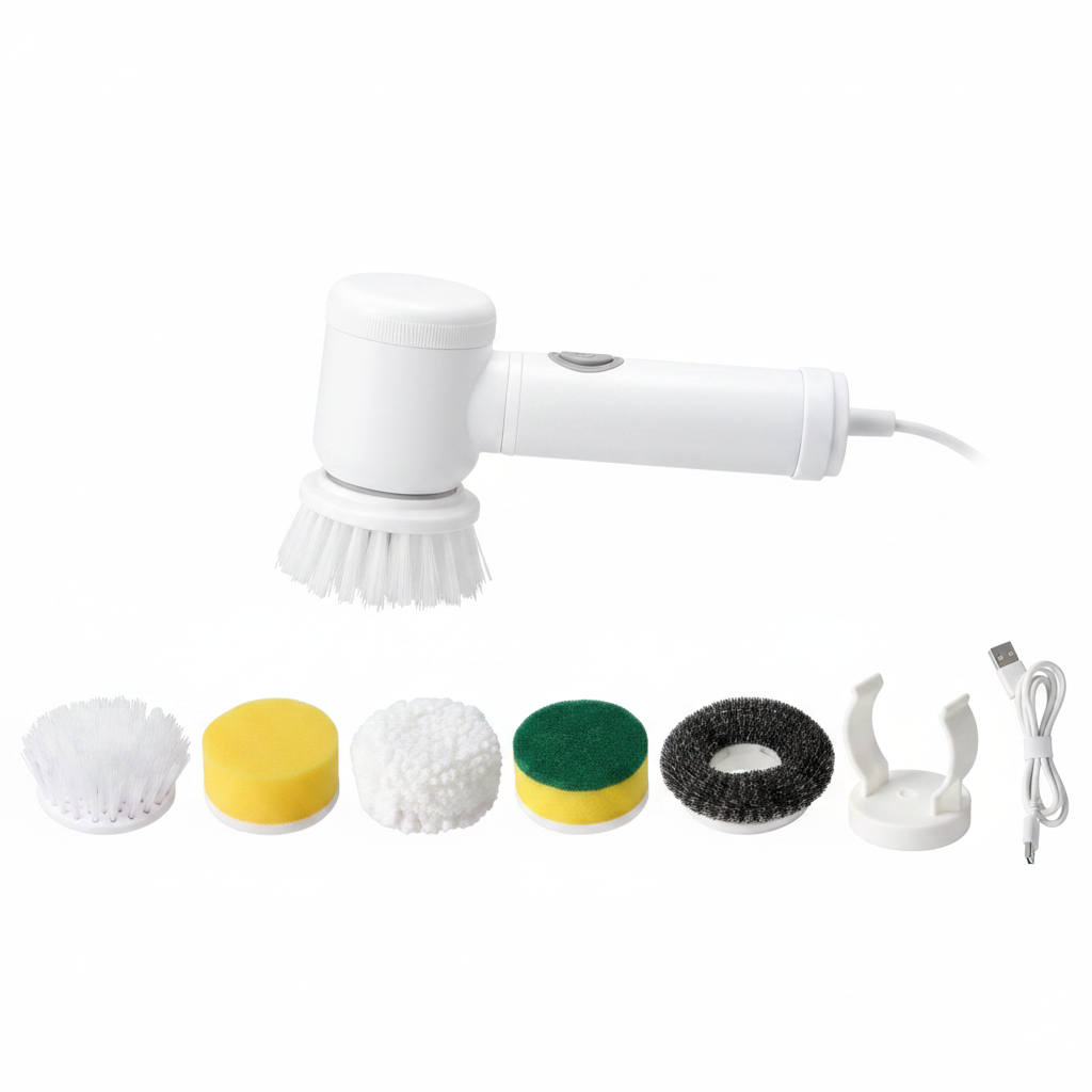 Electric Cleaning Brush flat lay with all brush head attachments