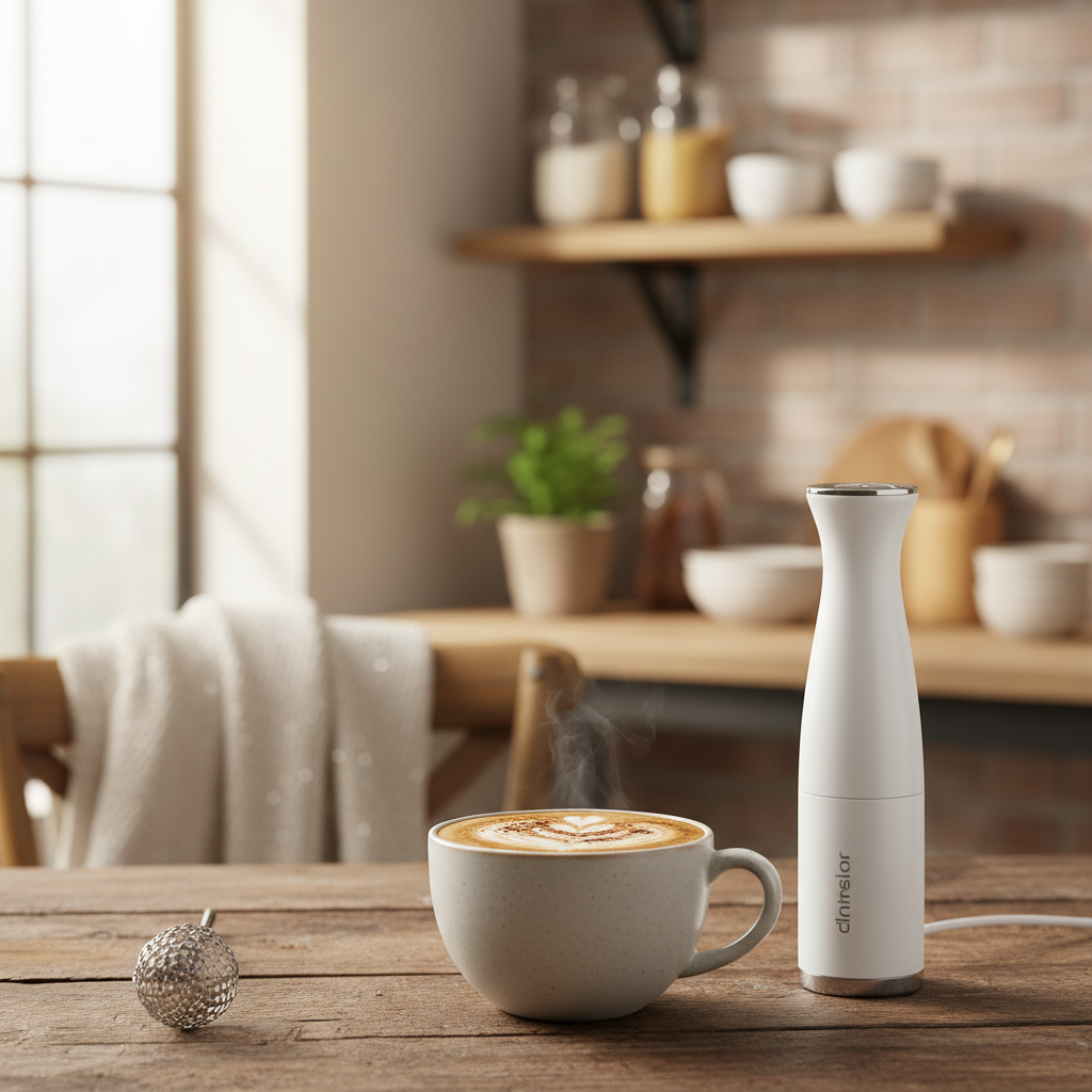 Milk frother lifestyle shot with cappuccino