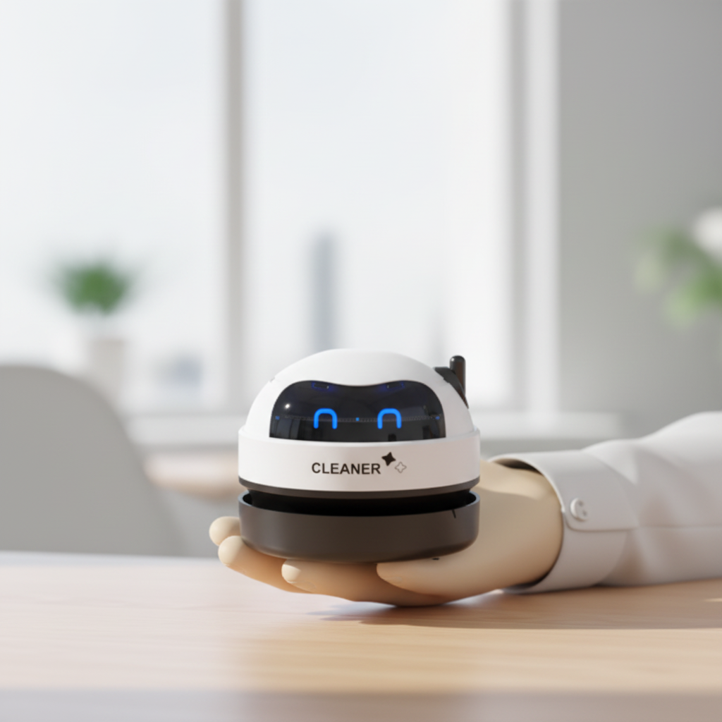 Mini Robot Desk Cleaner being held in hand
